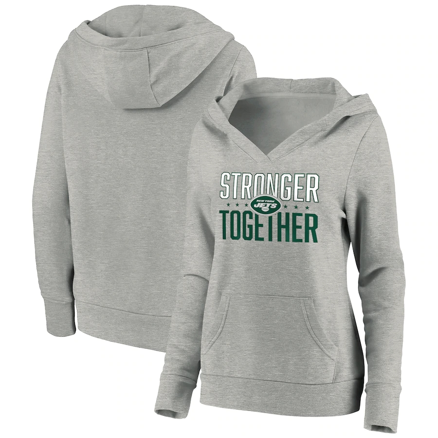 Women's New York Jets Heather Gray Stronger Together Crossover Neck Pullover Hoodie(Run Small)